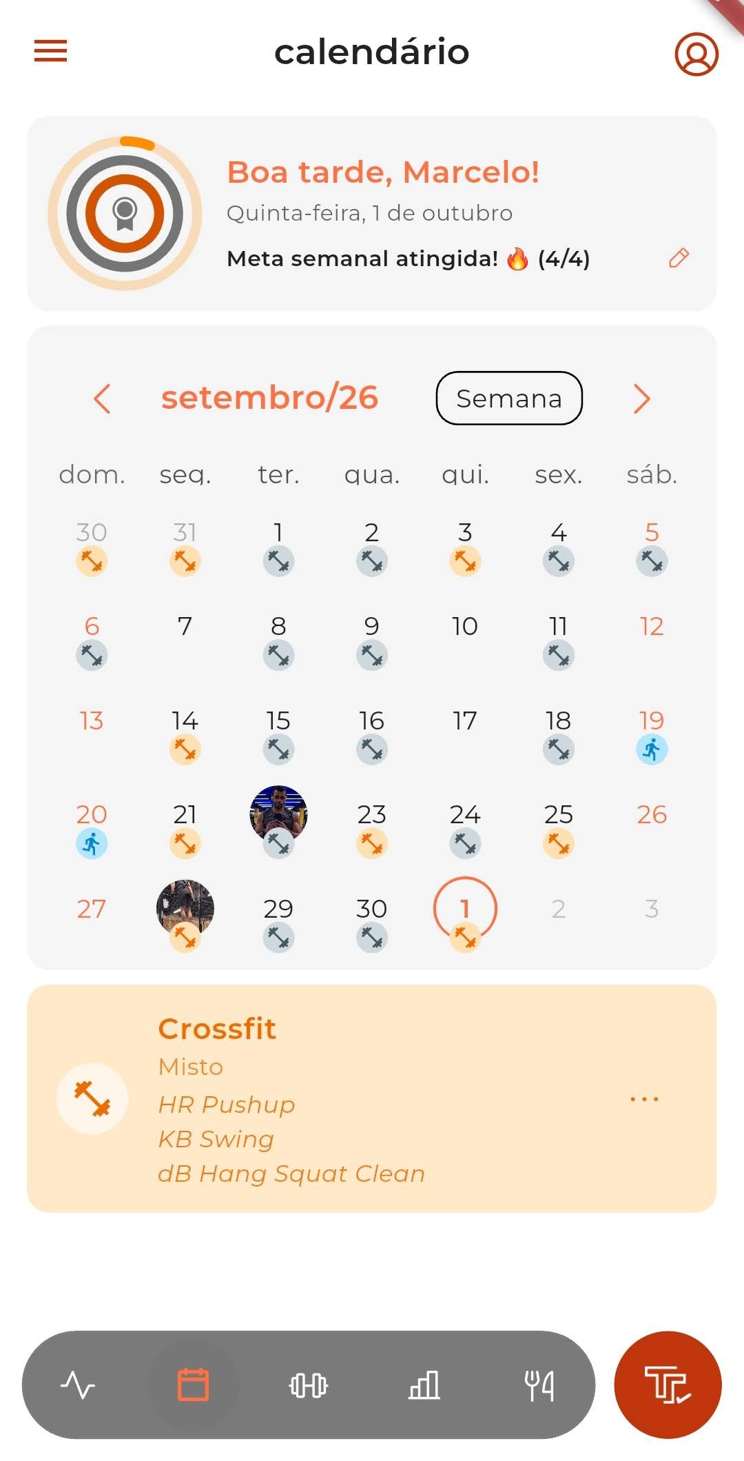 Calendário com meta semanal